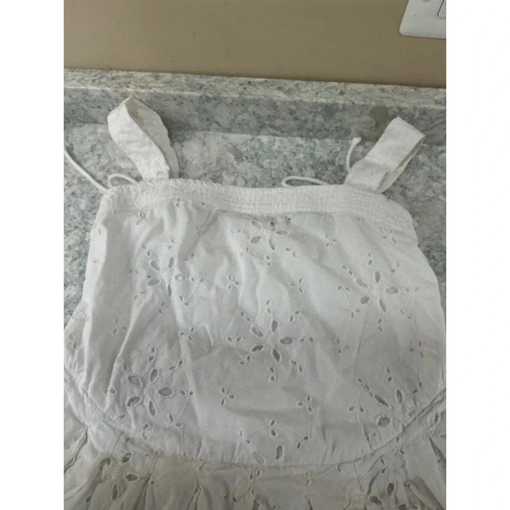 Free People Primavera Eyelet Lace Midi Dress XS White Boho Square Neck Tie Back